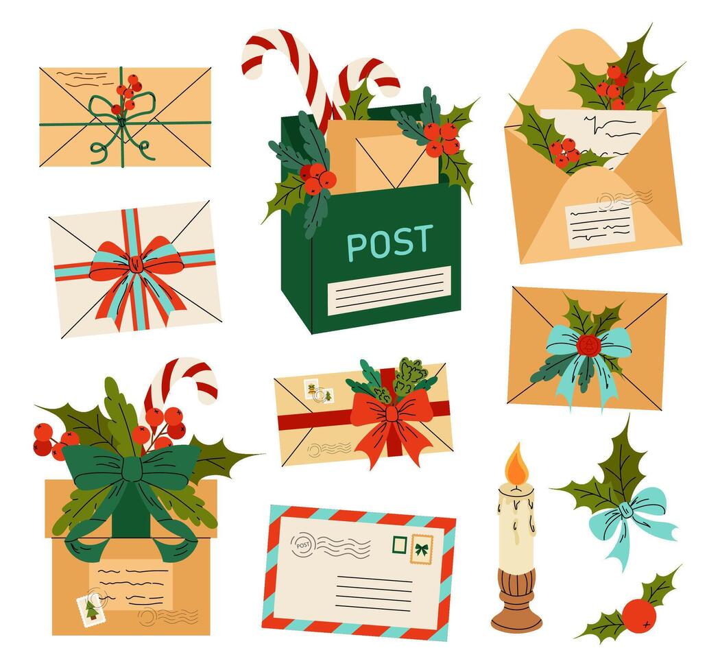 Post office. Set of open paper envelopes with letters. Letters to Santa Claus, congratulations. Flat illustration on white background. vector