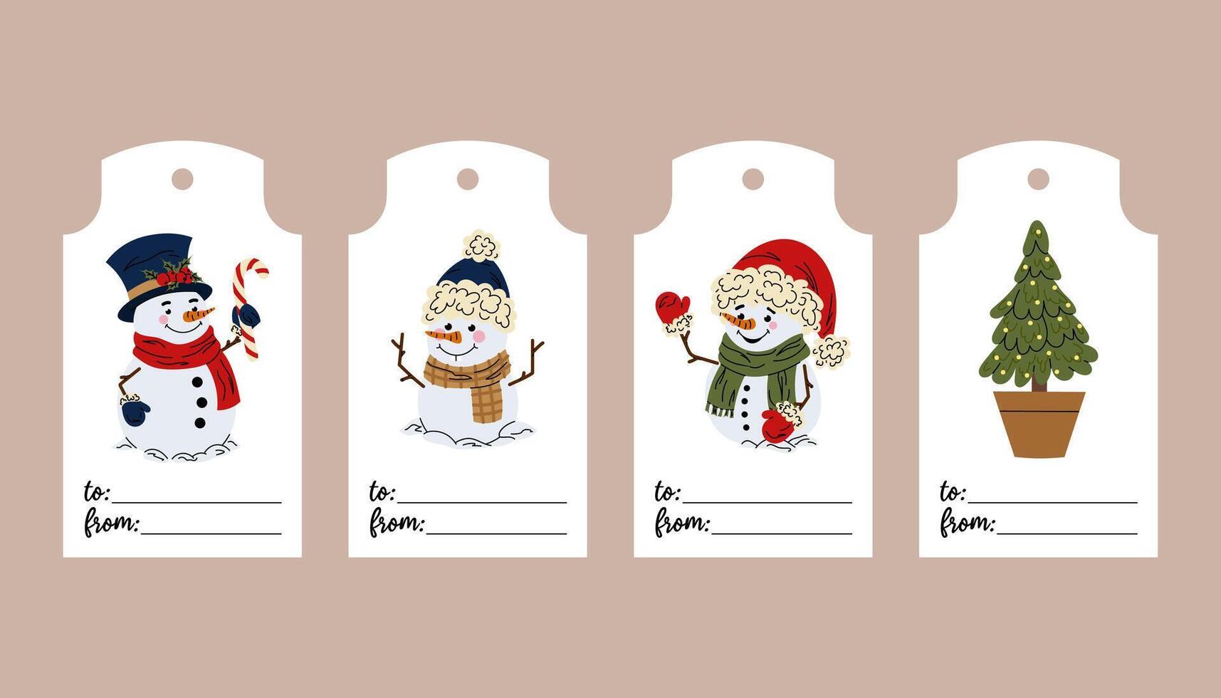 Set of Christmas tags for gift wrapping. Gift labels with cute snowmen and Christmas tree. Flat illustration on white background. vector