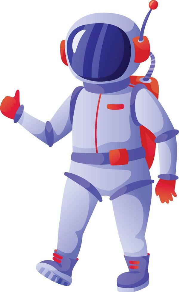 Cartoon astronaut wearing a colorful spacesuit, complete with a red backpack and red gloves, walks confidently while giving a thumbs up, expressing approval and success in space exploration vector