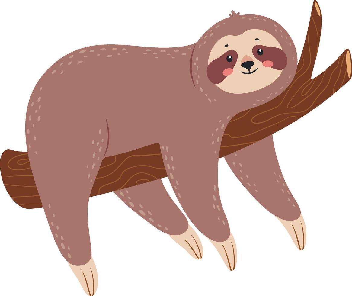 Adorable cartoon sloth hanging on a tree branch, enjoying its peaceful existence in the rainforest, a charming representation of tranquility and nature's beauty vector