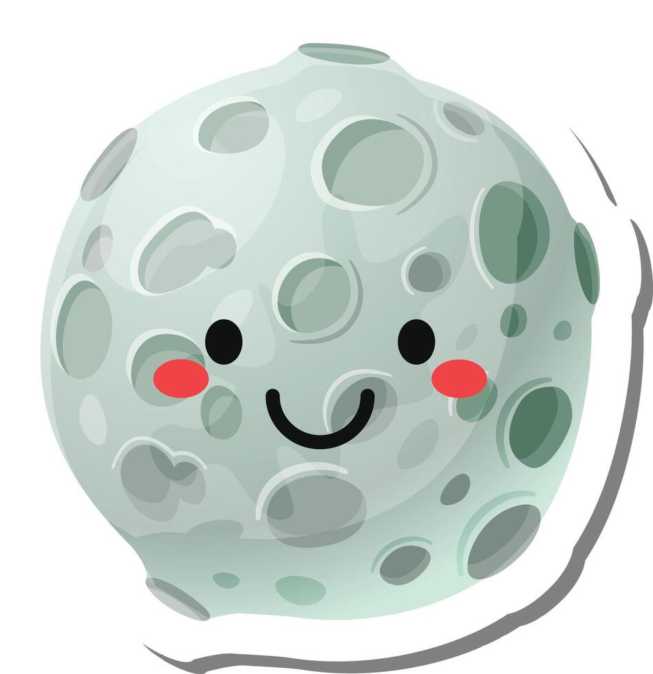 Cartoon moon with craters and a smiling face, expressing happiness and joy, perfect for children's books, educational materials, or any project needing a cute and friendly lunar character vector