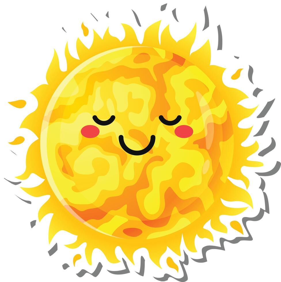This vibrant illustration showcases a cheerful sun character, radiating warmth and happiness with closed eyes and a gentle smile, perfect for children's books or summer themed projects vector