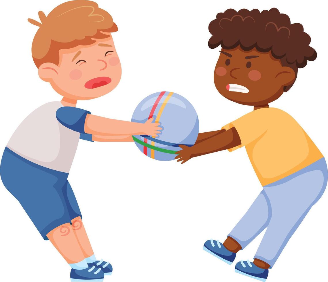 Two boys fighting over a ball, one crying while the other expresses anger, illustrating childhood conflicts related to bullying and racism in a school playground setting vector