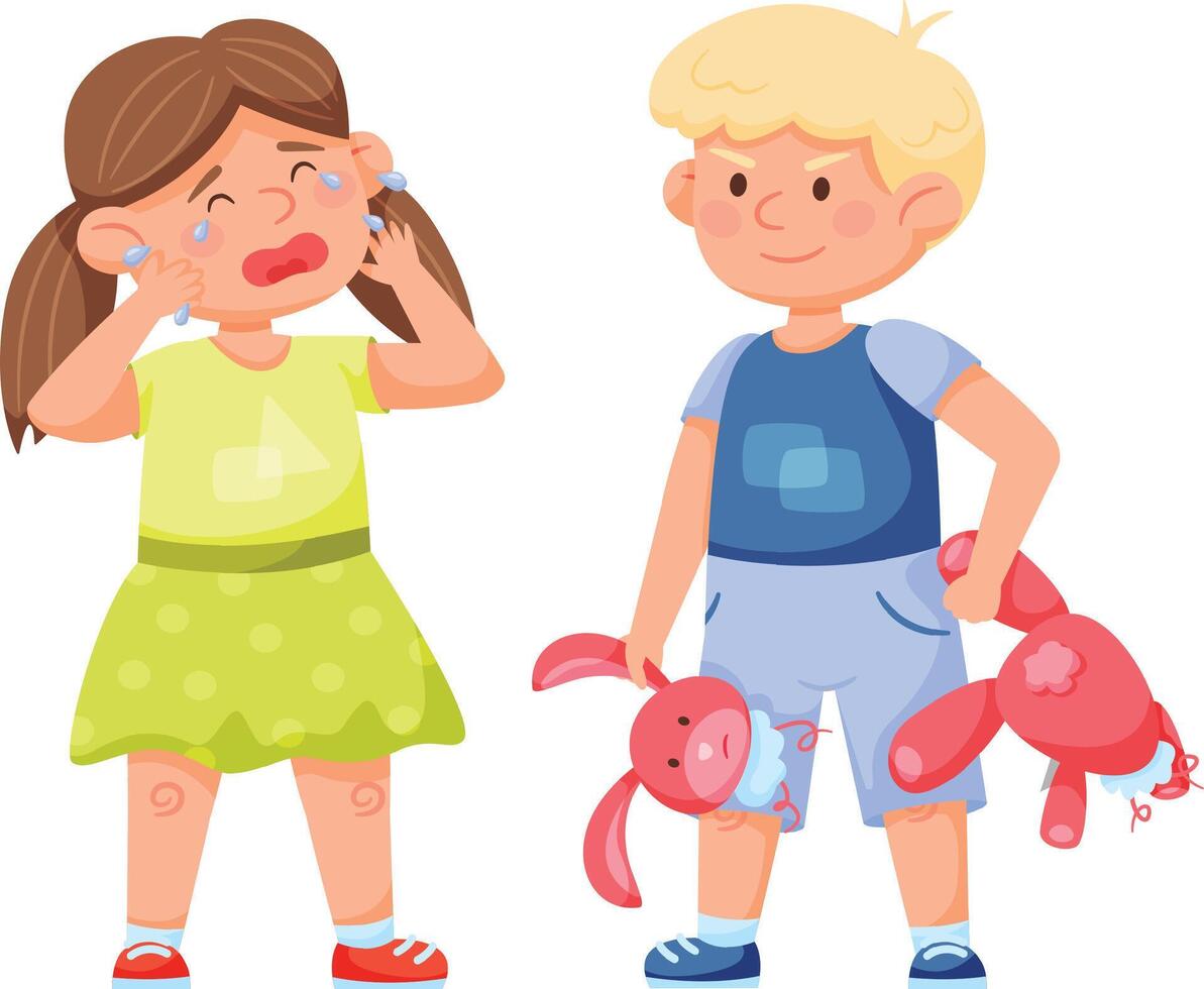 Little girl is crying and wiping tears, while boy is holding two halves of a broken toy rabbit, bad boy behavior, conflict between children, bullying at playground vector