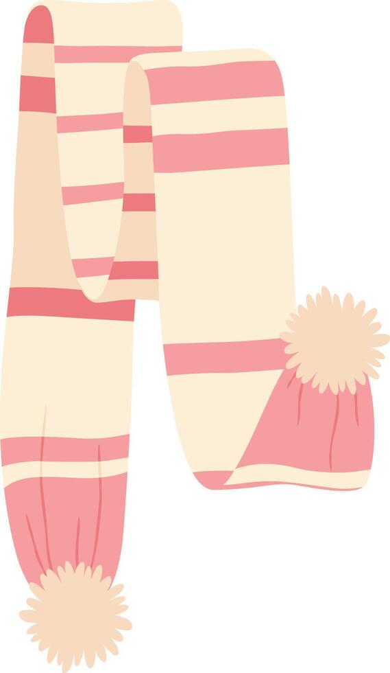 Cozy striped winter scarf featuring fluffy pompoms at each end, offering warmth and comfort during chilly days of the cold season, perfect for stylish winter outfits vector