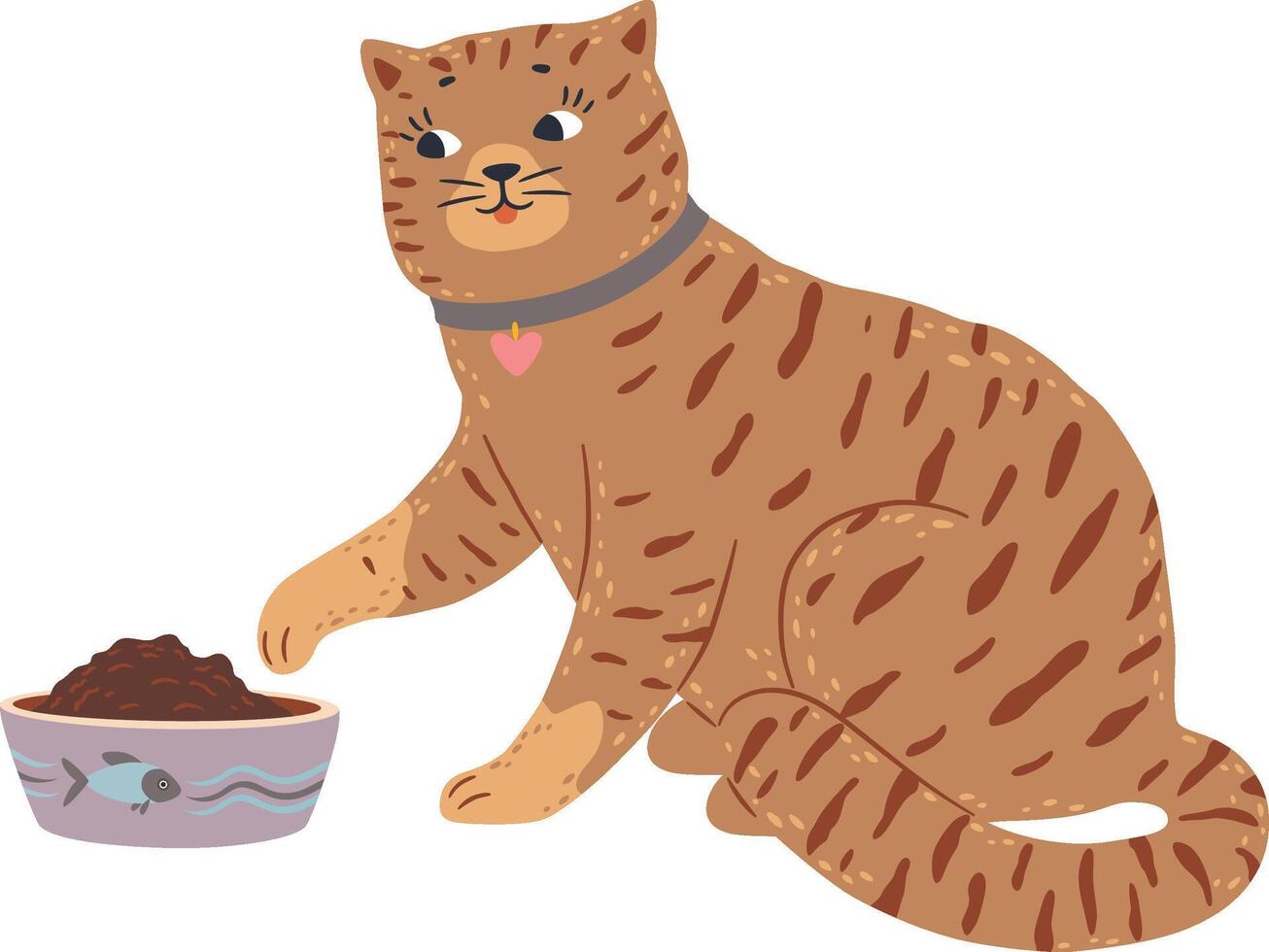 Adorable pet cat with a collar and heart pendant enjoying mealtime, reaching its paw towards a bowl filled with food, showcasing love and care for feline companions vector