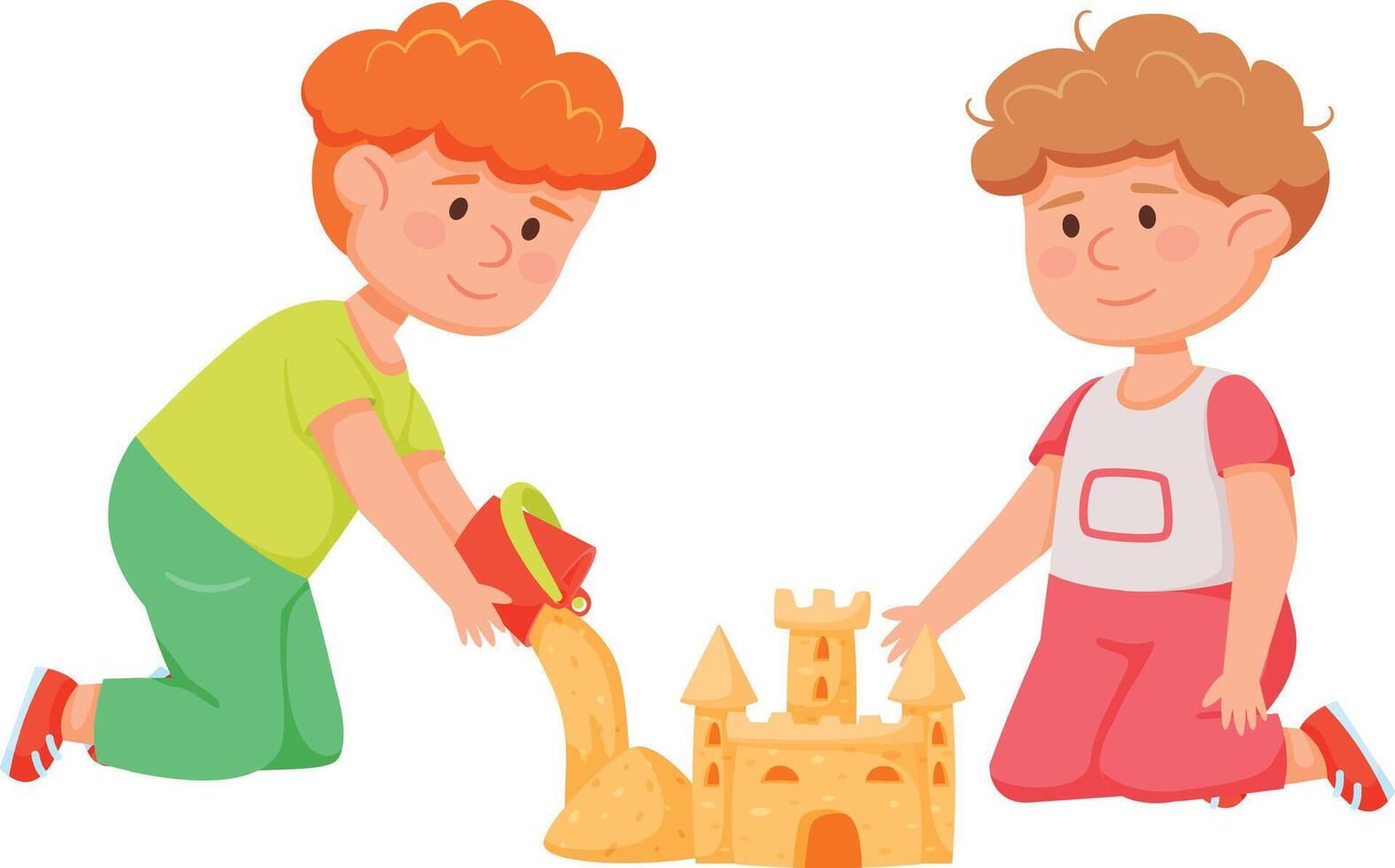 Two young boys are happily building a sandcastle together on the beach, one pouring sand from a bucket while the other shapes the walls, enjoying their summer vacation vector