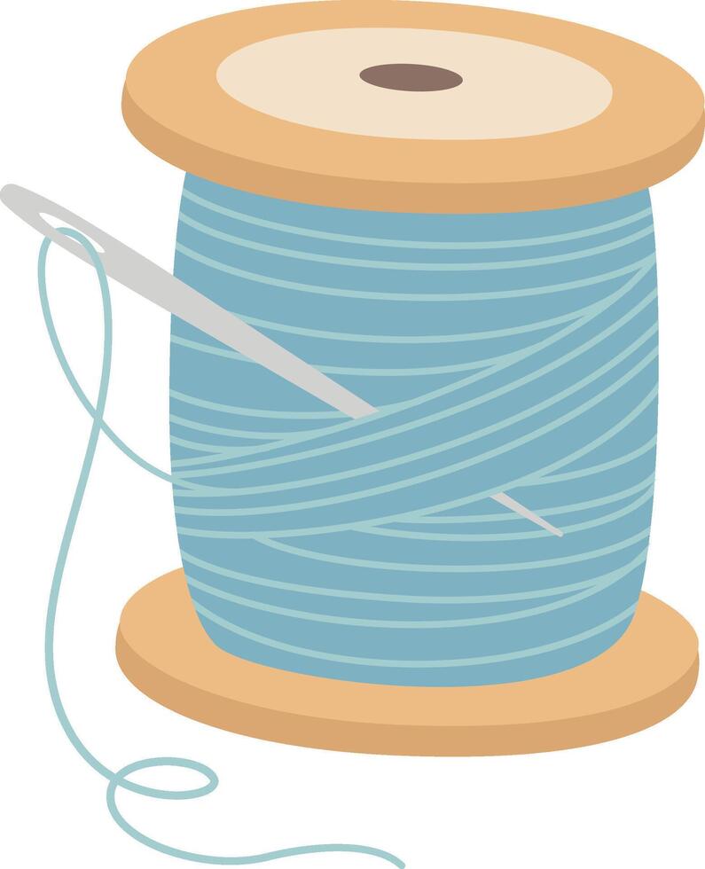 Sewing needle with light blue thread inserted into a wooden spool, isolated on a white background, representing sewing, tailoring, and needlework crafts vector