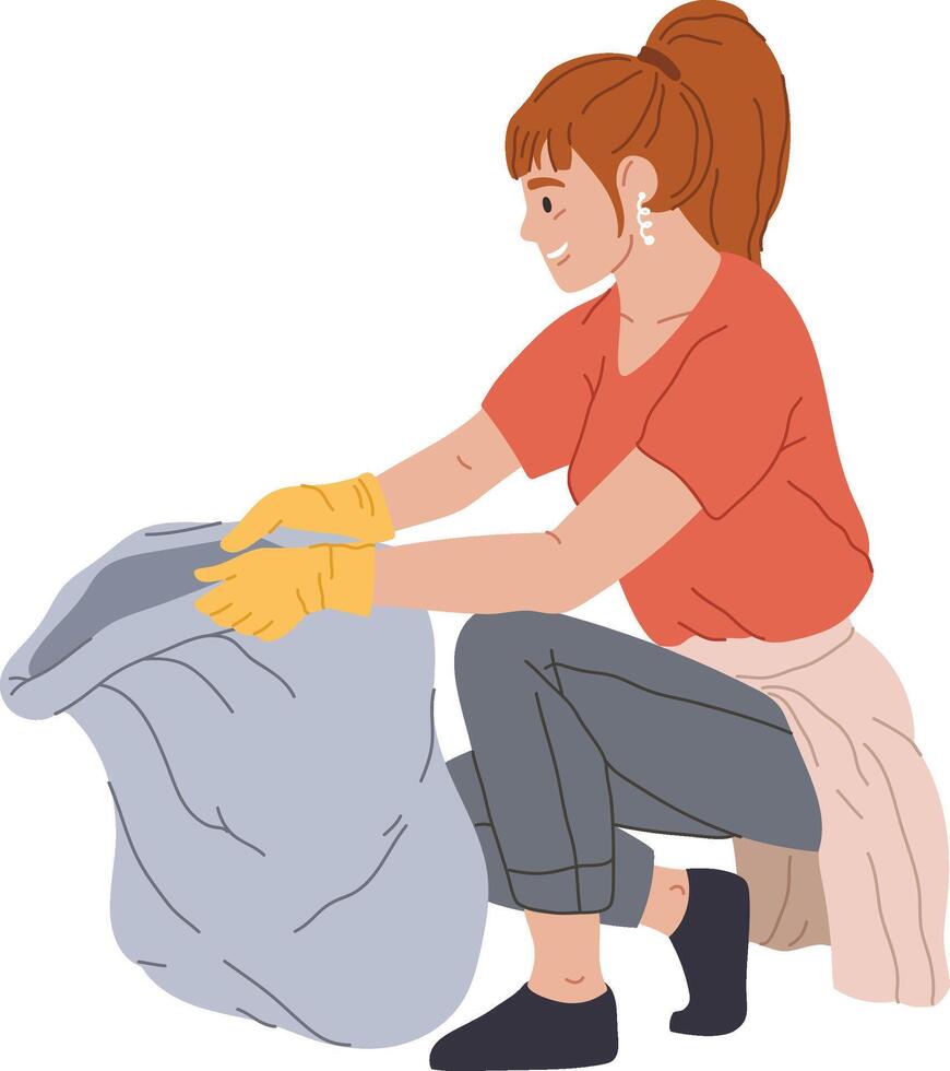 Young woman volunteer wearing gloves is picking up a large trash bag, actively participating in a community cleanup effort, promoting environmental responsibility vector