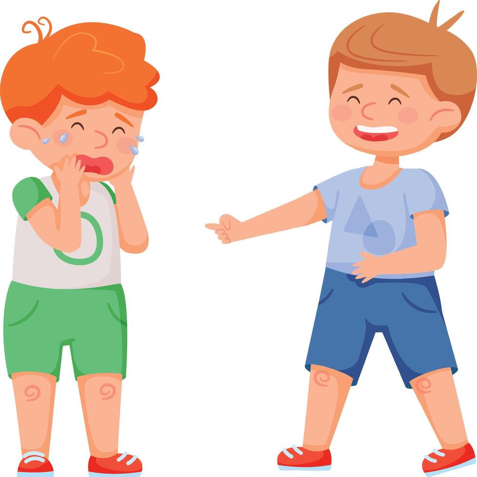 Preschool boy laughing and pointing at another boy covering his face in tears, highlighting conflict, mockery, and negative emotions in a school setting vector