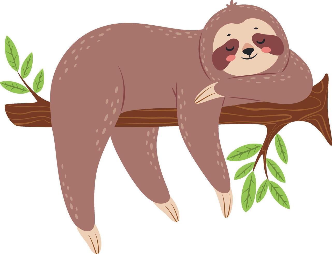 Charming cartoon illustration features a relaxed sloth sleeping soundly on a tree branch, surrounded by lush green leaves, conveying tranquility and the beauty of nature vector