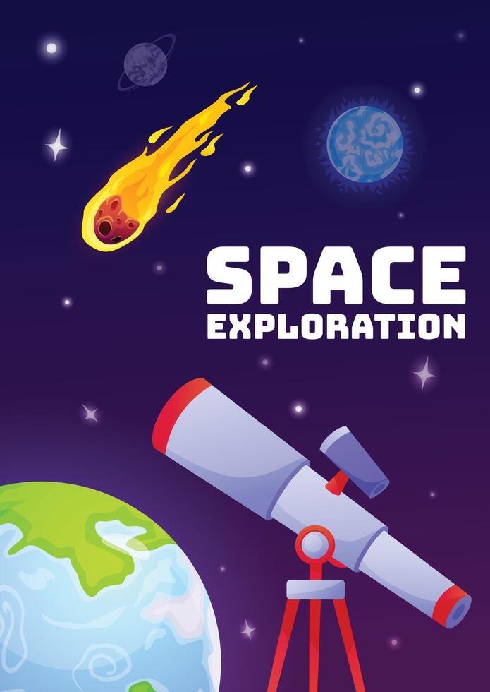 Telescope pointing at planets, comet and stars is exploring the beauty of deep space, searching for new worlds and expanding scientific knowledge vector