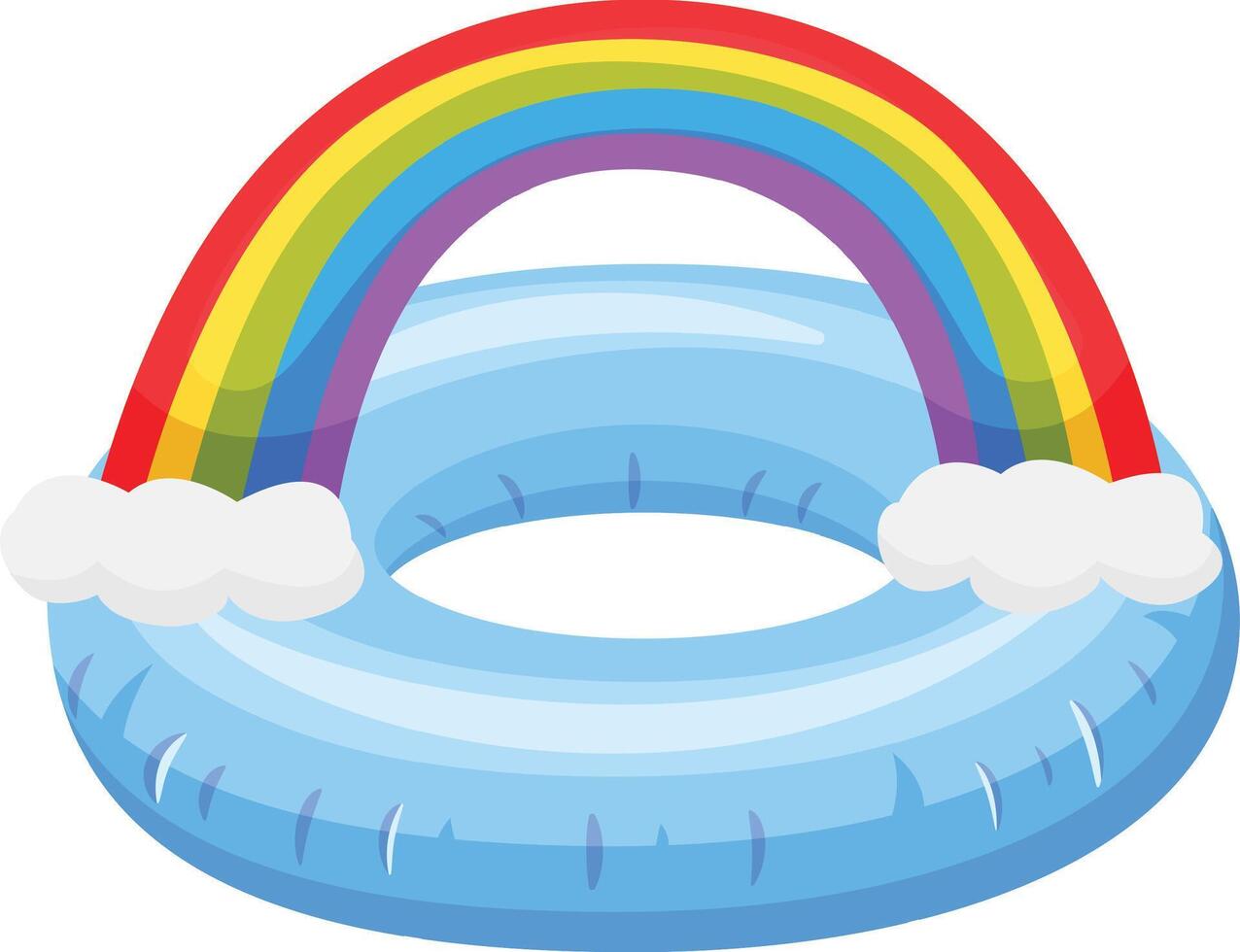 Vibrant illustration of a blue inflatable ring featuring a colorful rainbow arching over it, with fluffy white clouds at each end, creating a cheerful summery scene against a clean white backdrop vector