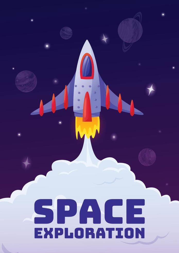 Cartoon spaceship is launching from earth to explore and colonize new planets in deep space, with smoke plume and stars visible in the background vector