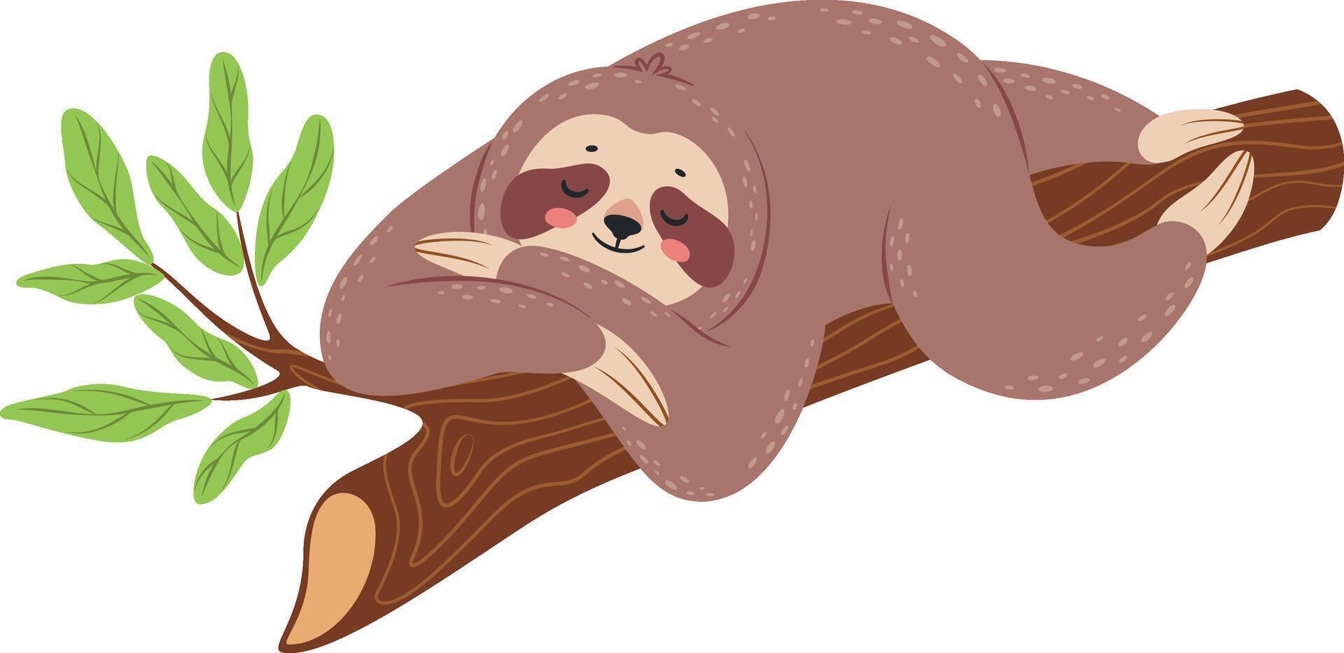 Charming illustration presents a relaxed sloth sleeping on a tree branch, embracing the tranquility of its natural habitat, with lush green leaves adding a touch of vibrancy to the scene vector