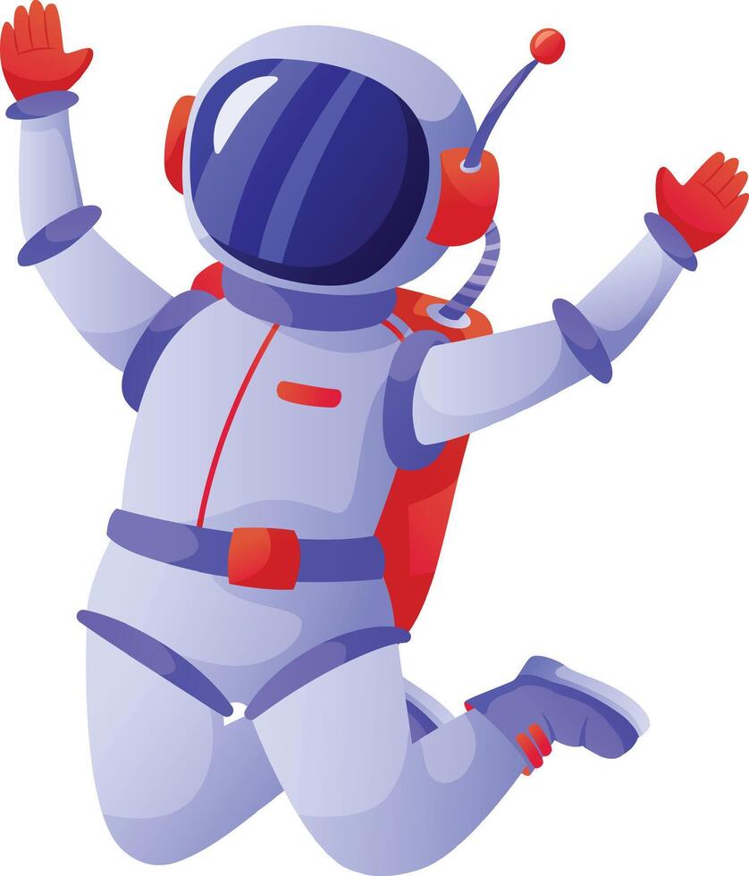 Cartoon astronaut wearing a vibrant spacesuit with red and blue accents, joyfully jumping with arms raised, celebrating a successful mission in the vastness of outer space vector