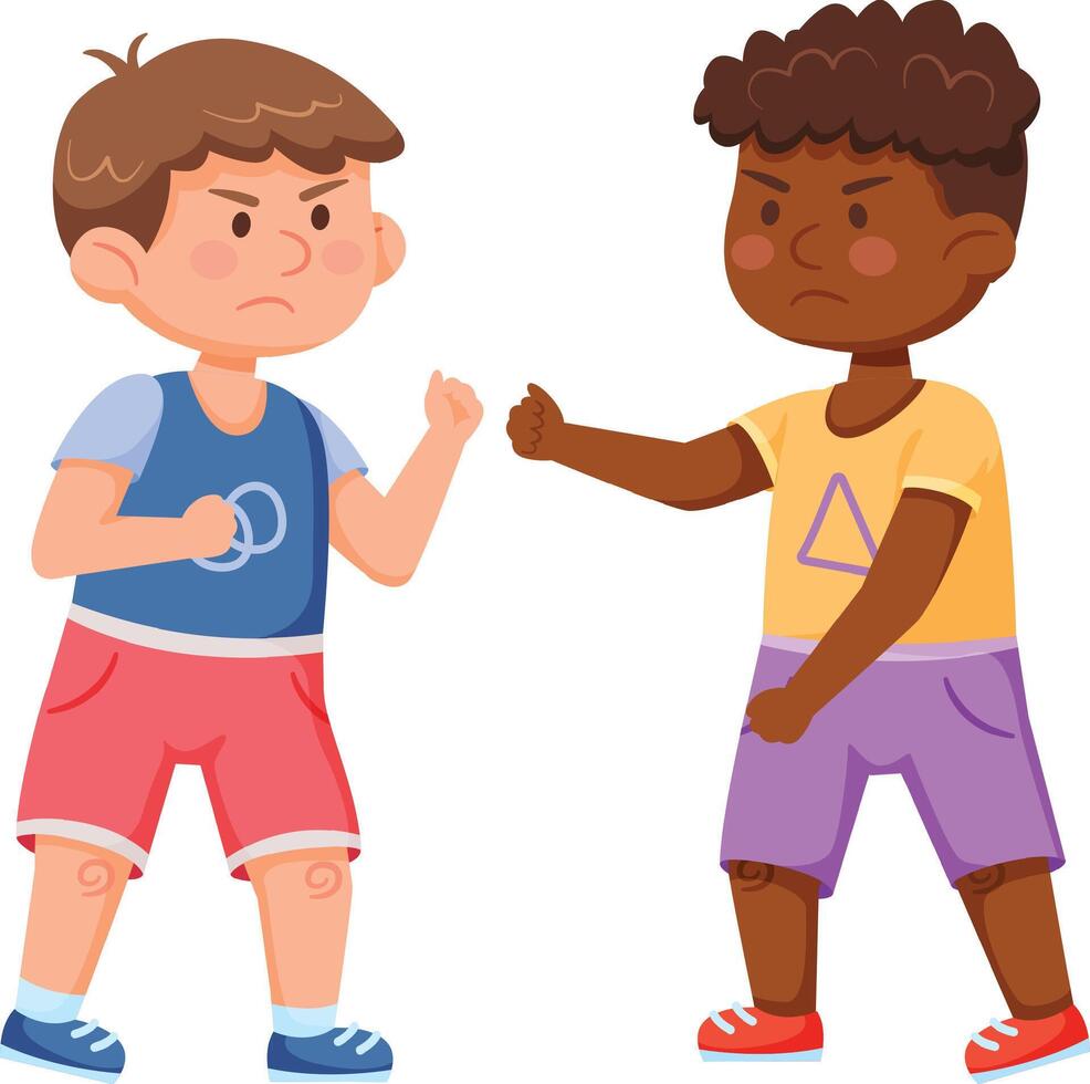 Two angry boys are fighting, quarreling and arguing, showing fists to each other, childish conflict and aggression, bad behavior, kids rivalry and misunderstanding, problem in communication vector