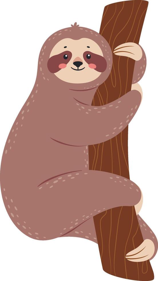 Adorable cartoon sloth clinging to a tree branch, enjoying its peaceful moment in nature, perfect for children's books, illustrations, and nature themed projects vector