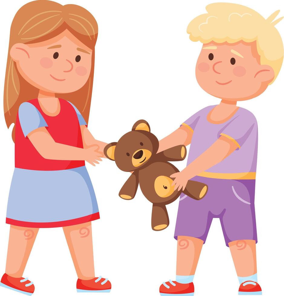 Girl giving her teddy bear to a boy, illustrating the values of sharing, friendship, kindness, and generosity among children, fostering emotional intelligence and social skills vector