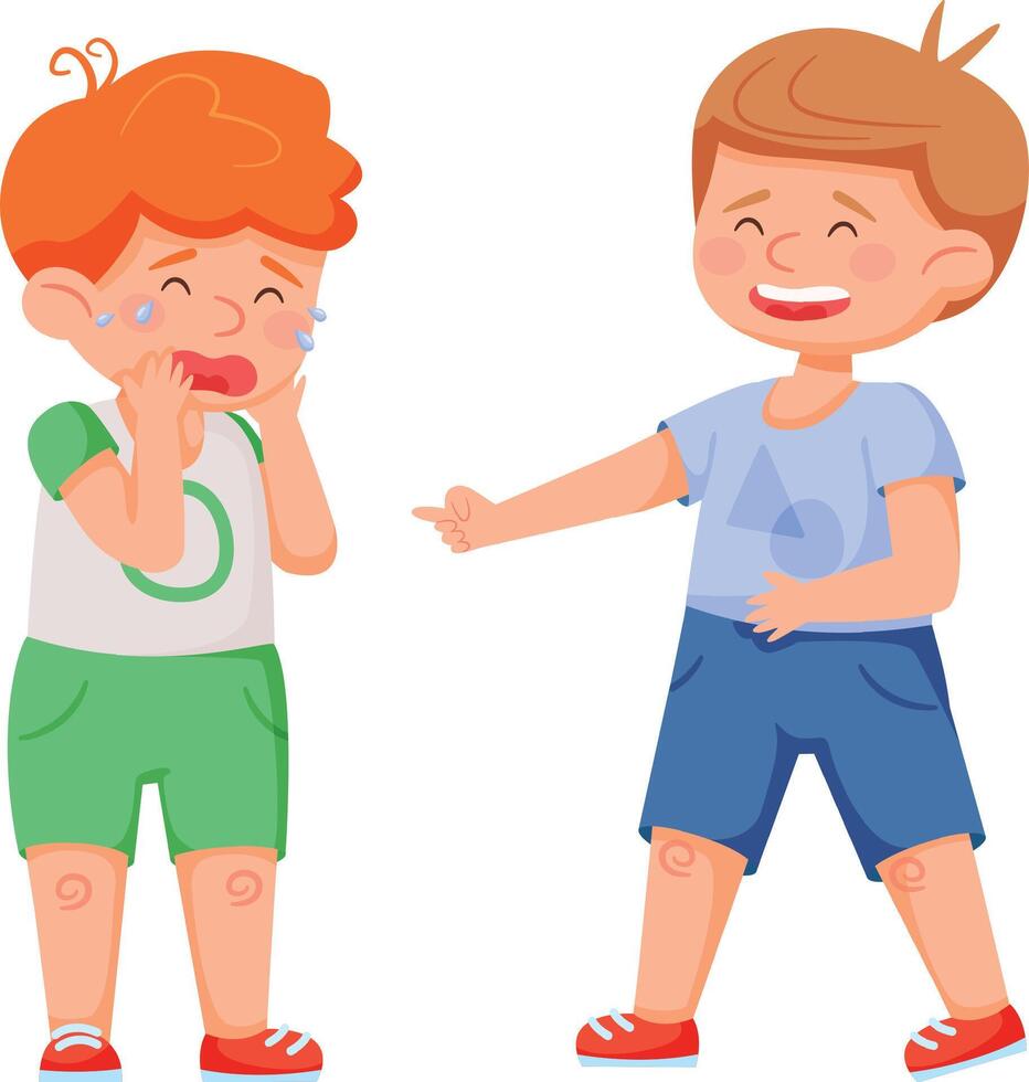 Boy pointing at another boy crying, illustrating bullying and mockery among children while emphasizing the need for empathy in childhood interactions vector