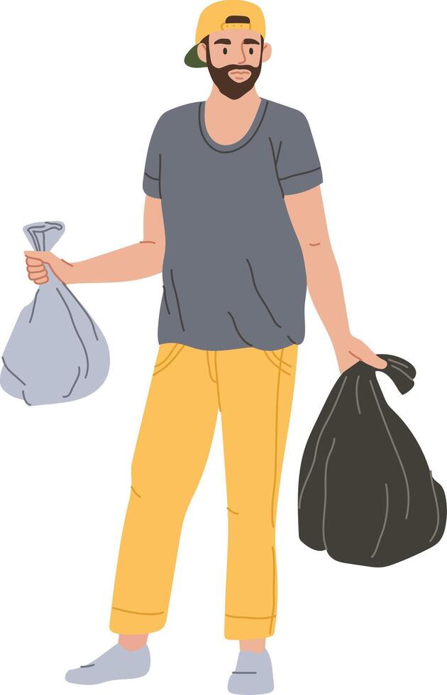 Young volunteer carrying garbage bags, actively participating in waste collection and promoting environmental awareness through responsible waste disposal vector