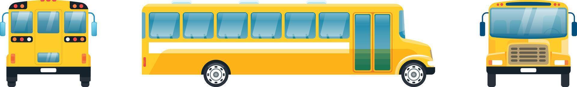Yellow school bus viewed from different angles, including front, side, and back, showcasing its design and features for transporting students vector