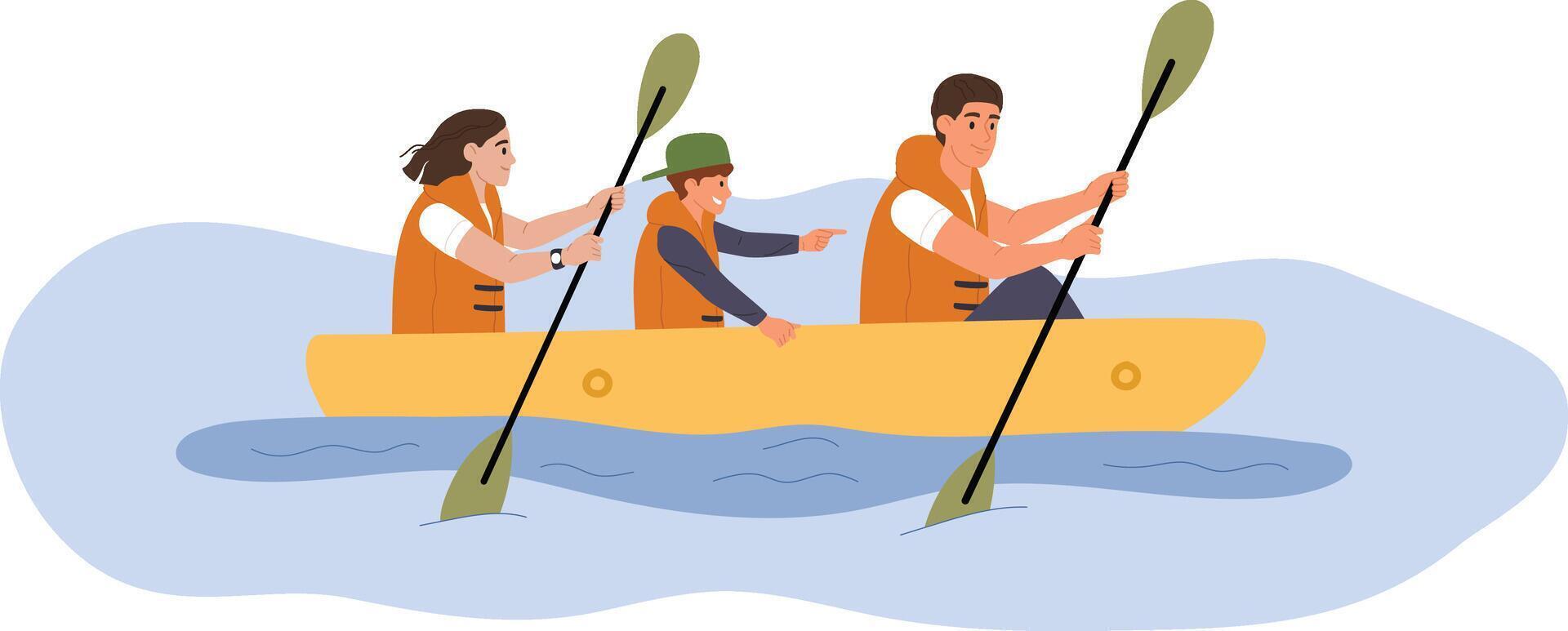 Happy family wearing life jackets are paddling a canoe on a lake, enjoying their summer vacation together, promoting water safety and family bonding vector