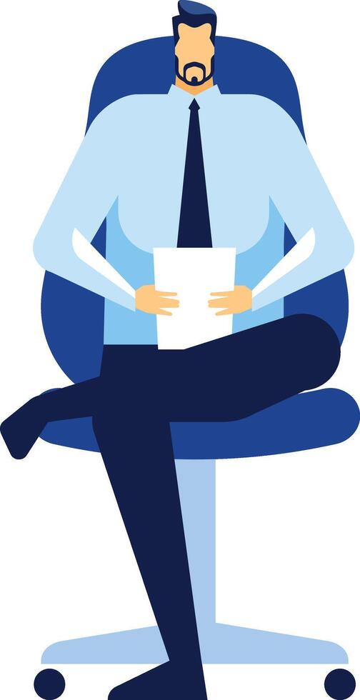 Businessman wearing formal shirt and tie, sitting on office chair with crossed legs, holding a document, representing business, office work, and professionalism vector