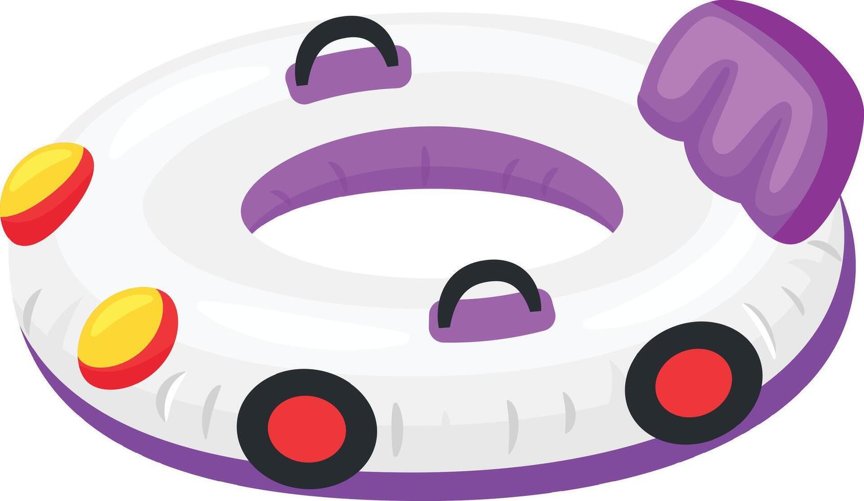 White and purple inflatable car shaped swimming ring with colorful details, handles, and a backrest, perfect for enjoying summer days in the pool vector