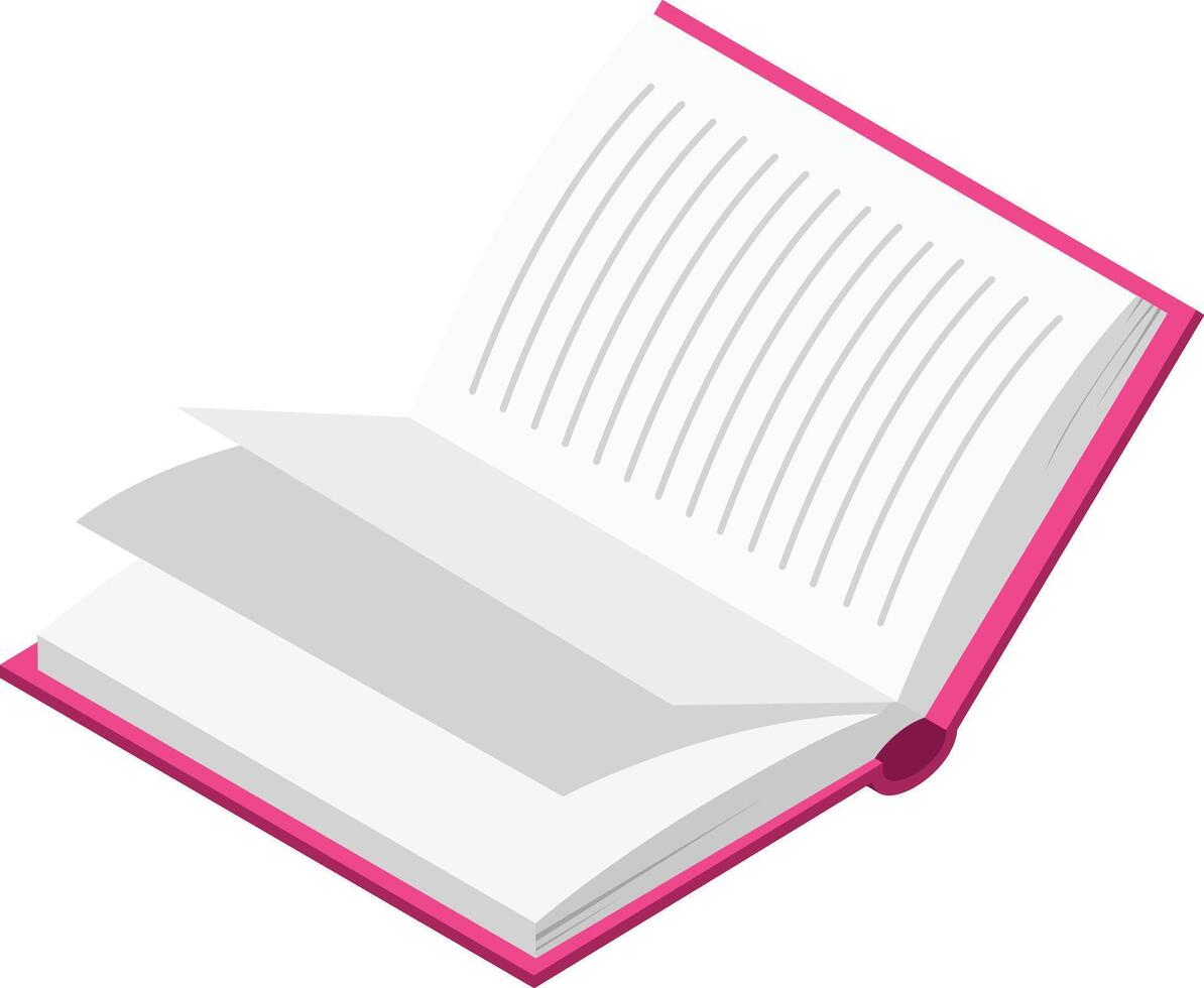 Open book featuring a pink cover lies flat, revealing blank pages lined for writing, symbolizing the beginning of a new chapter, story, or creative project waiting to unfold vector