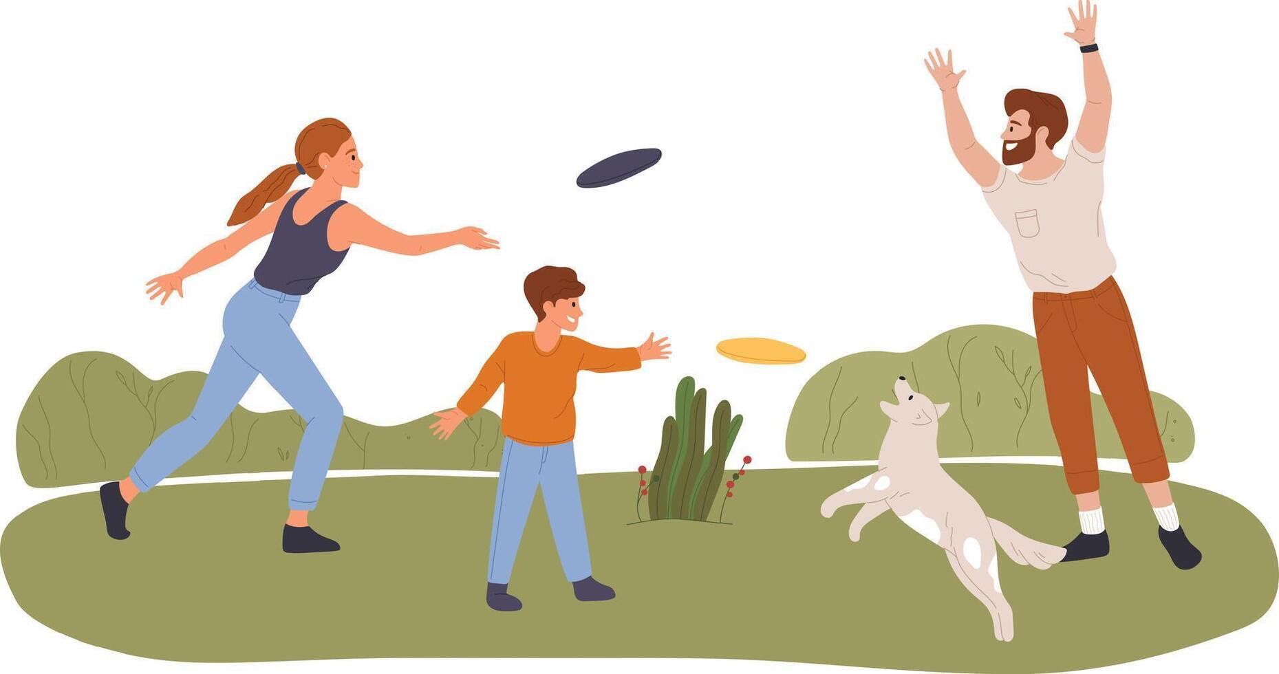 Family enjoying quality time together, playing frisbee with their dog in a lush green park, fostering strong bonds and promoting active outdoor fun during sunny days vector