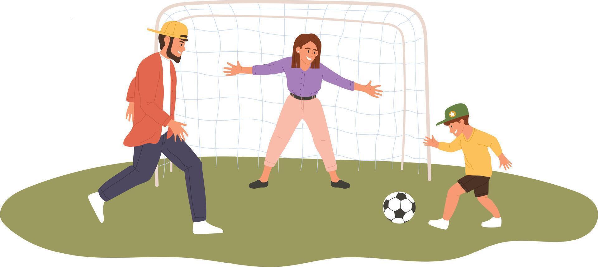 Father and mother playing soccer with their son in a sunny park, enjoying fun moments and exercising together near the goal, creating joyful memories as a family vector