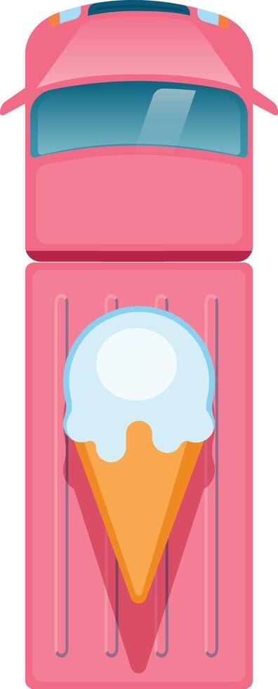 Pink ice cream food truck seen from above, carrying a giant ice cream cone on its open bed, ready to deliver refreshing treats during summer vector