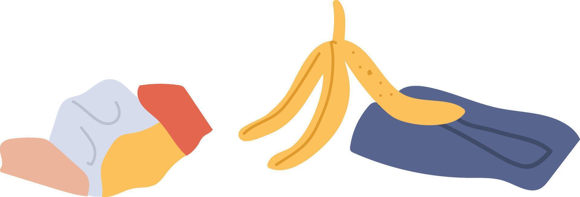 Different types of garbage are laying on the floor including crumpled paper, banana peel and dirty rag, representing littering and unsanitary conditions vector