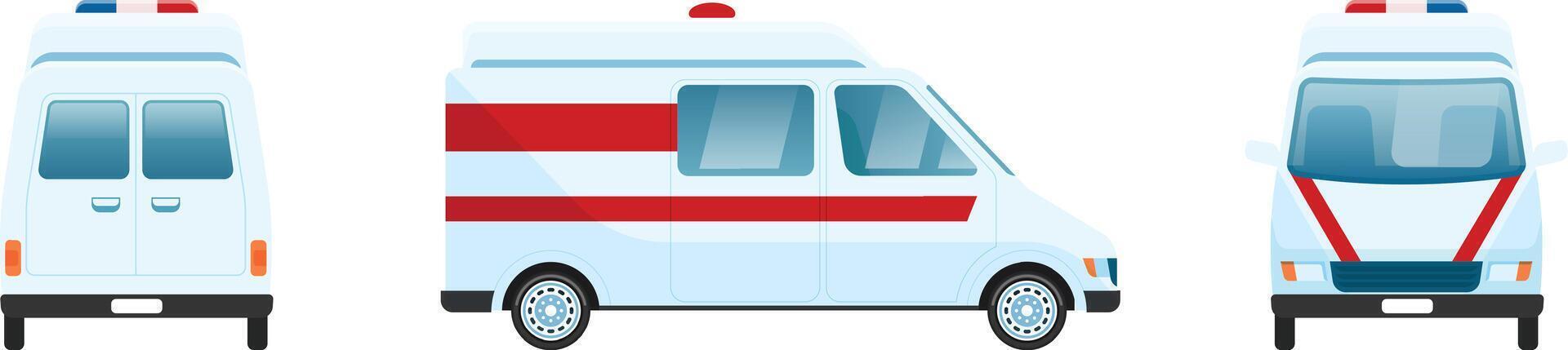 Profile, front and rear view of a white ambulance car with red stripes and flashing lights, providing a comprehensive representation of the vehicle's design and features vector
