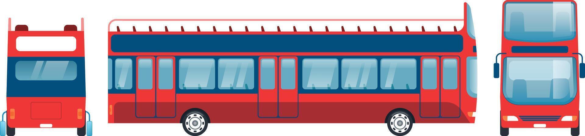 Red double decker bus isolated on a white background, displaying front, back, and side views, ideal for projects related to transportation, travel, and urban exploration vector