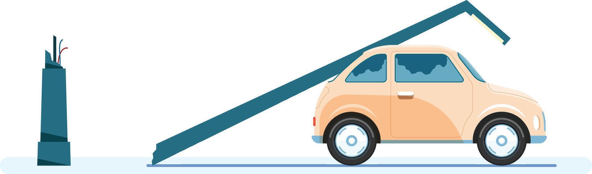 Power outage causing a falling electric pole crushing a car during earthquake or hurricane showing infrastructure damage and insurance claim concept vector