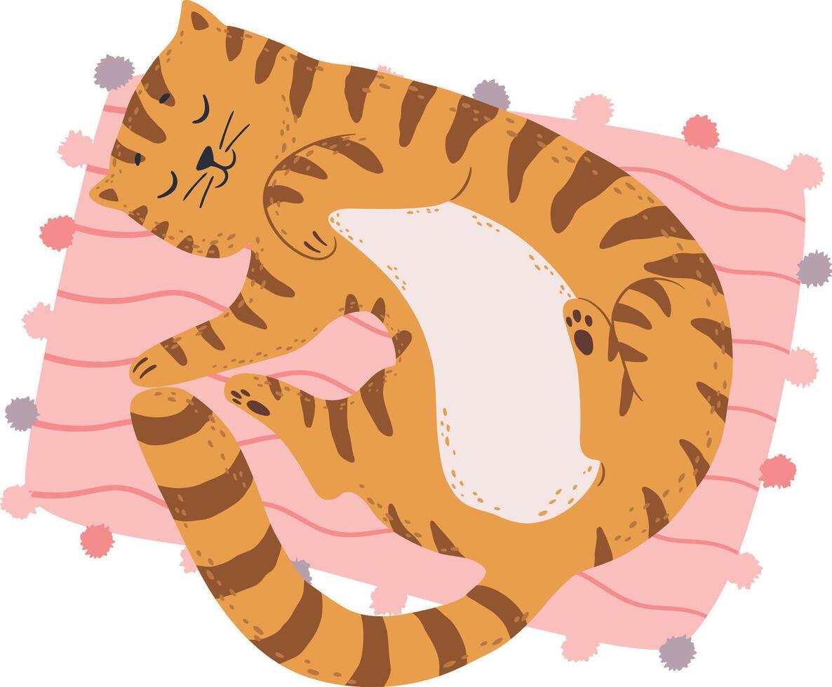 Cute ginger tabby cat sleeping peacefully on a pink cushion, enjoying a relaxing nap, curled up and cozy, creating a heartwarming scene of feline contentment vector