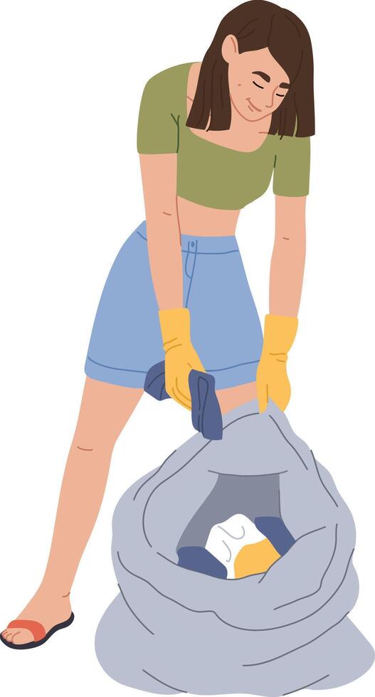 Young woman volunteer collecting trash into garbage bag wearing gloves, promoting environmental awareness and community cleanliness, isolated on white background vector