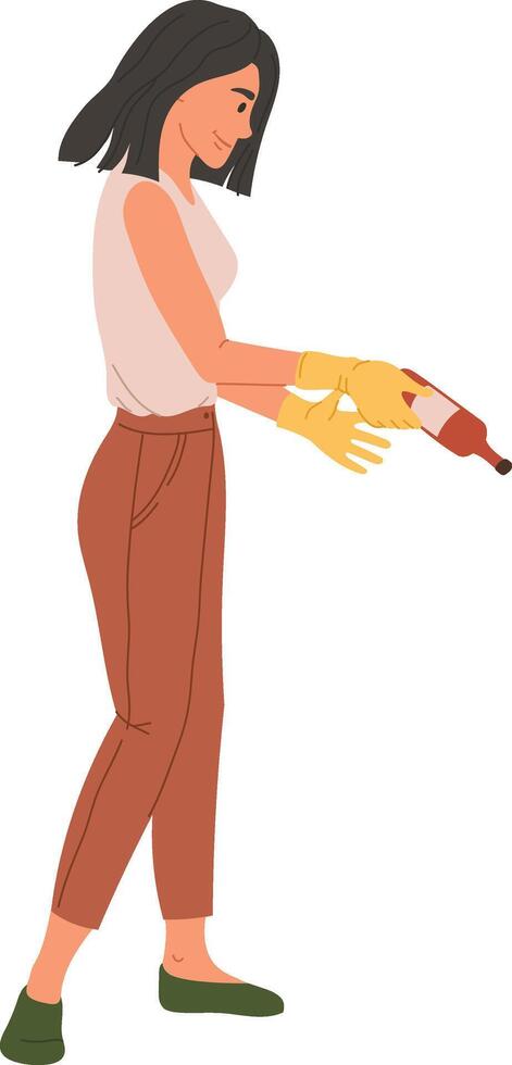Young woman wearing gloves is holding a glass bottle, sorting waste for recycling, promoting environmental awareness and responsible waste management practices vector