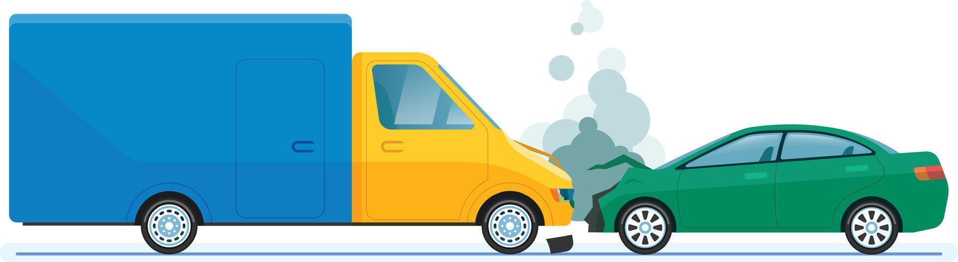 Yellow and blue delivery van crashing into a green car, with smoke coming out of the front of the green car after the impact, representing a road accident vector