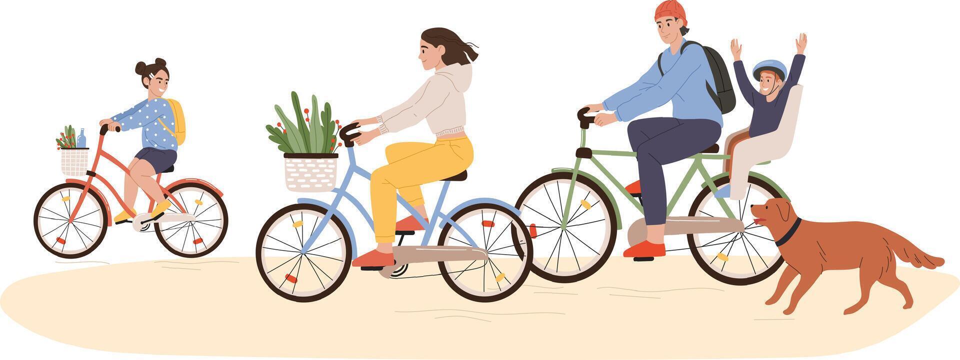 Happy family riding bicycles in the park with children and a golden retriever, enjoying active outdoor moments, embracing togetherness and the joys of a healthy lifestyle vector