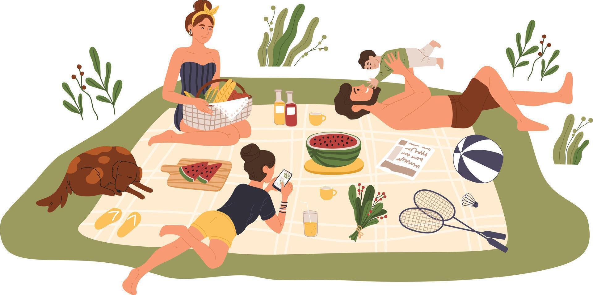 Family relaxing on picnic blanket, eating watermelon and other fresh food, playing badminton, using phone, and taking care of baby and dog, enjoying summer day outdoor vector