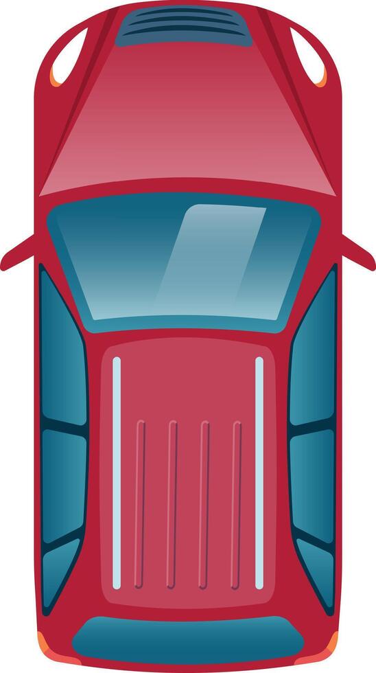 Red car viewed from above, highlighting the roof, hood, windows, and windshield. Capturing an aerial perspective of a parked vehicle, showcasing modern automobile design vector