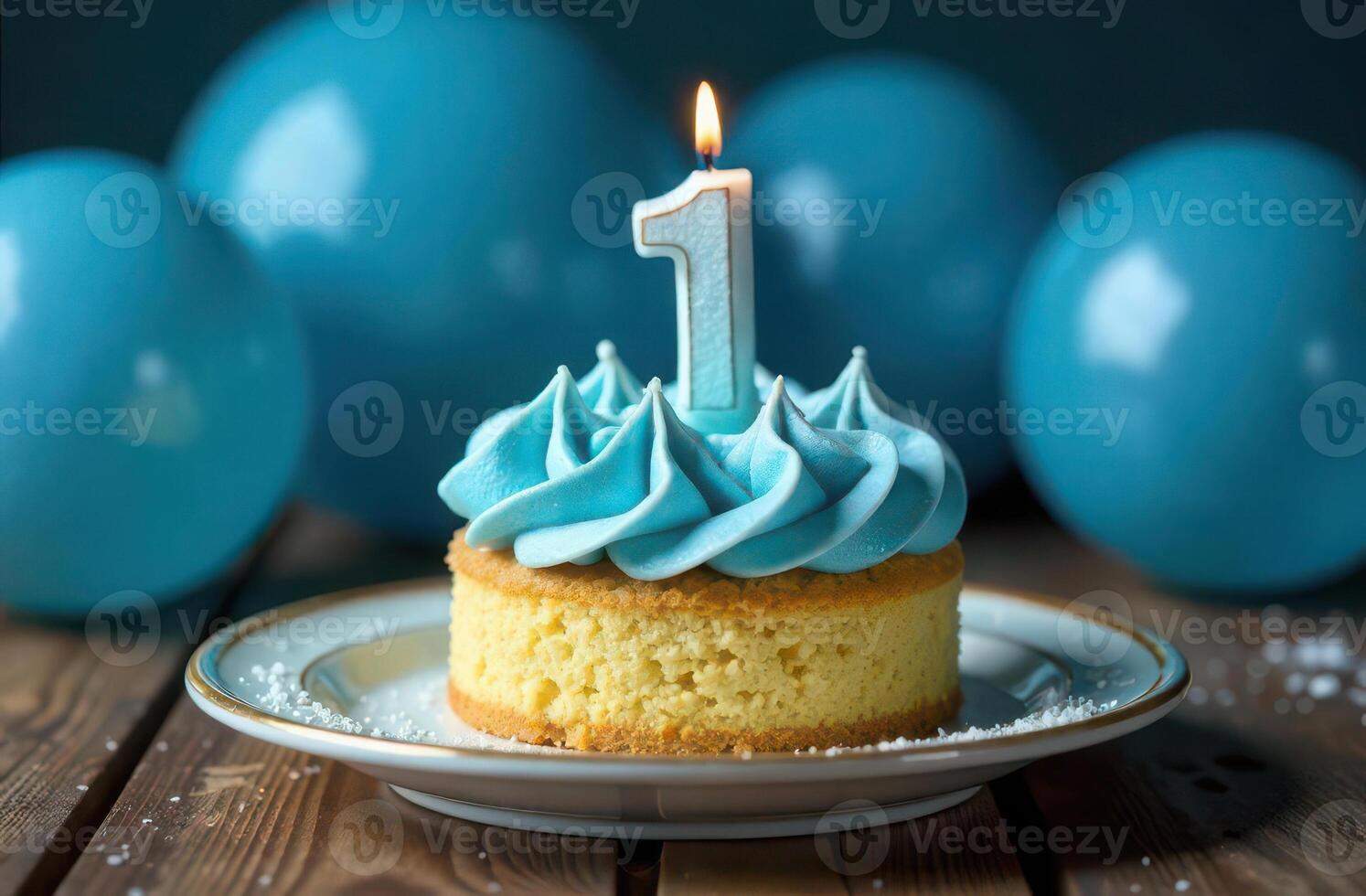 First birthday celebration blue themed cake with candle and balloons photo