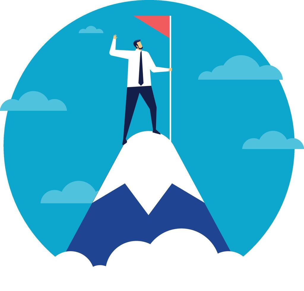 Businessman standing on top of a mountain with a red flag is celebrating his success, symbolizing achievement, leadership, goals, and vision in business vector