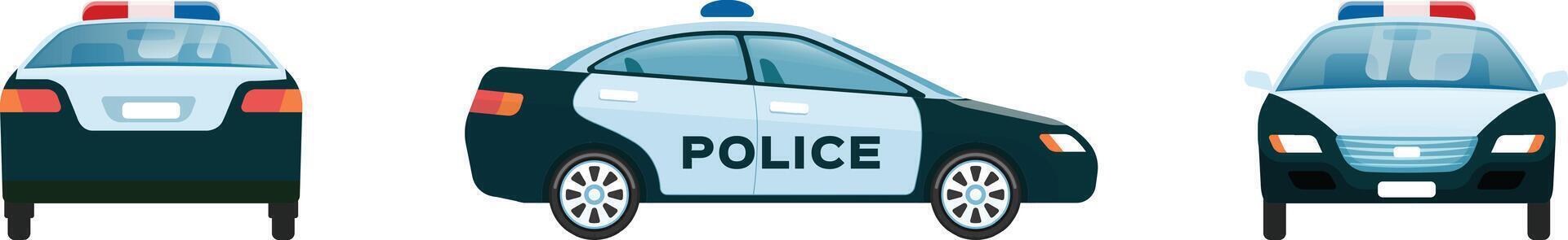 Police car with flashing lights on the roof is patrolling the city streets, ensuring public safety and responding to emergencies, seen from front, side and rear vector