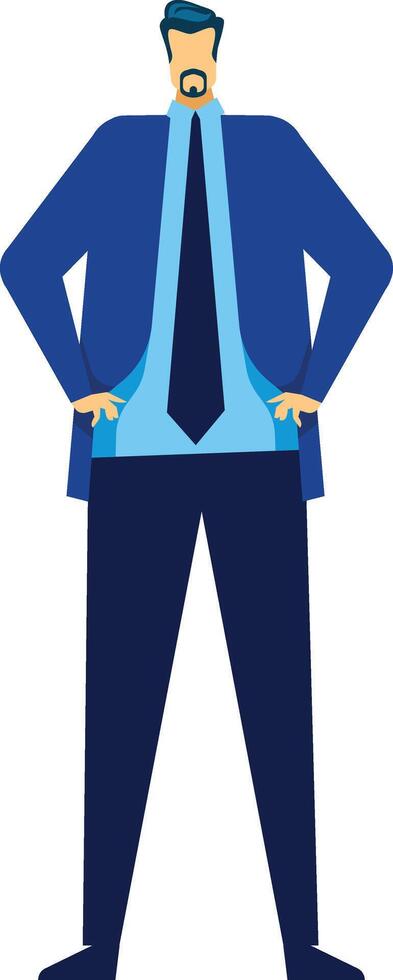 Businessman standing confidently with hands on hips, exuding professionalism and authority in a corporate environment, dressed in a stylish blue suit and tie vector