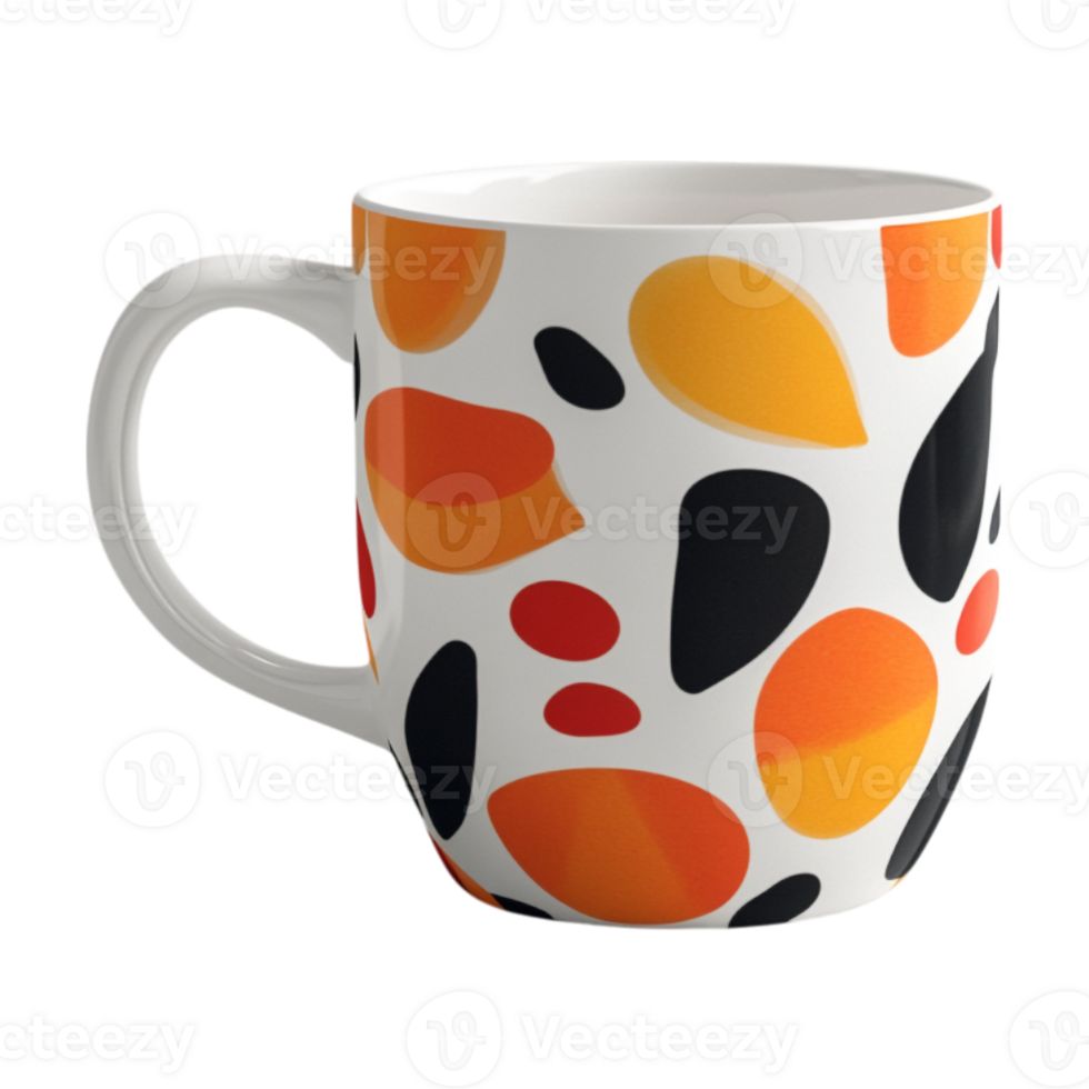 A coffee mug with orange, black and white abstract shapes png