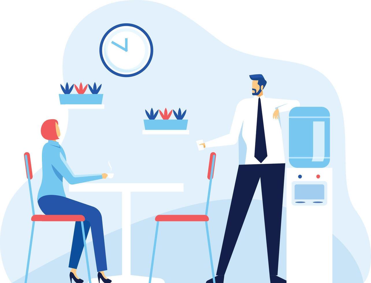 Businessman and businesswoman are taking a break in the office cafeteria, enjoying coffee and conversation near the water cooler, fostering workplace camaraderie and relaxation vector